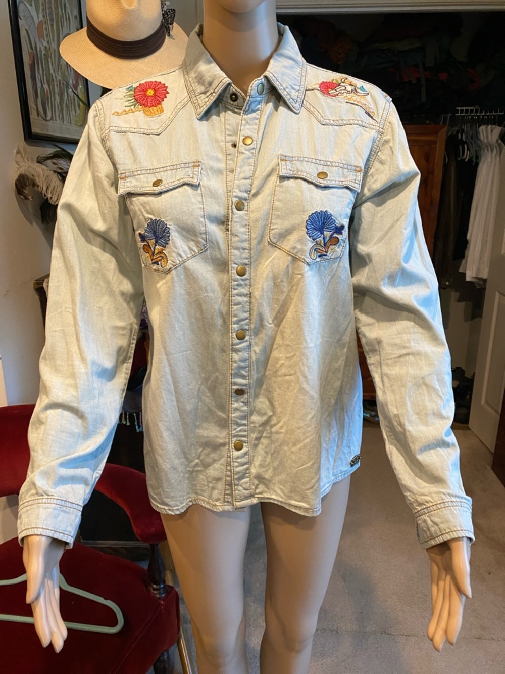 Spell Cactus Rose Light Wash Denim Button-Down Shirt with Floral Embroidery